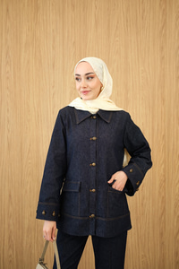 Düğme Detay Çift Cepli Kot Takım Lacivert