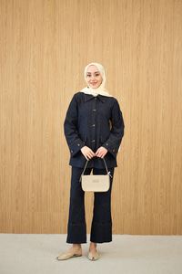 Düğme Detay Çift Cepli Kot Takım Lacivert