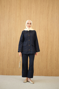 Düğme Detay Çift Cepli Kot Takım Lacivert