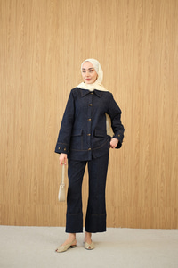 Düğme Detay Çift Cepli Kot Takım Lacivert