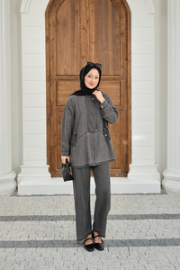 Düğme Detay Gizli Fermuarlı Takım Antrasit