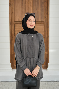 Düğme Detay Gizli Fermuarlı Takım Antrasit