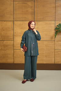 Düğme Detay Gizli Fermuarlı Takım Lacivert