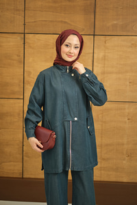 Düğme Detay Gizli Fermuarlı Takım Lacivert