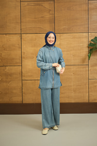 Düğme Detay Gizli Fermuarlı Takım Mavi