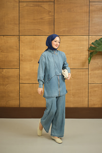 Düğme Detay Gizli Fermuarlı Takım Mavi