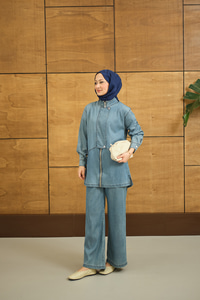 Düğme Detay Gizli Fermuarlı Takım Mavi