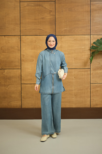 Düğme Detay Gizli Fermuarlı Takım Mavi