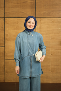 Düğme Detay Gizli Fermuarlı Takım Mavi