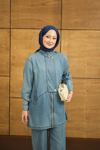 Düğme Detay Gizli Fermuarlı Takım Mavi