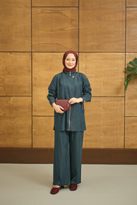 Düğme Detay Gizli Fermuarlı Takım Petrol Mavi