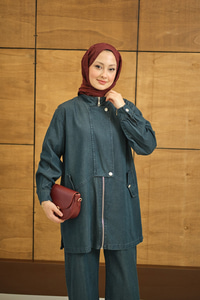 Düğme Detay Gizli Fermuarlı Takım Petrol Mavi