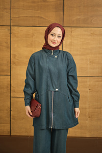 Düğme Detay Gizli Fermuarlı Takım Petrol Mavi