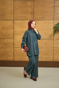 Düğme Detay Gizli Fermuarlı Takım Petrol Mavi