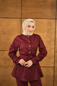 Düğme Detay İkili Takım Bordo