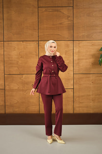 Düğme Detay İkili Takım Bordo