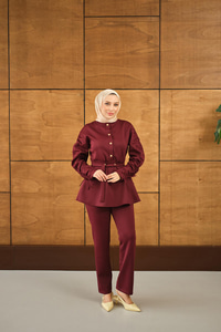 Düğme Detay İkili Takım Bordo