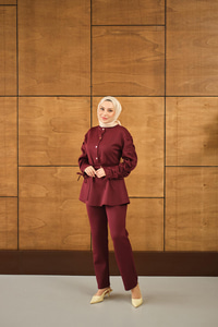 Düğme Detay İkili Takım Bordo