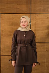 Düğme Detay İkili Takım Kahverengi