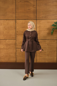 Düğme Detay İkili Takım Kahverengi