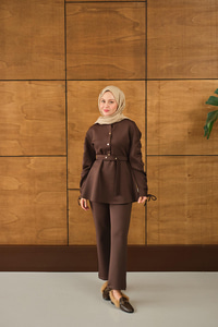 Düğme Detay İkili Takım Kahverengi