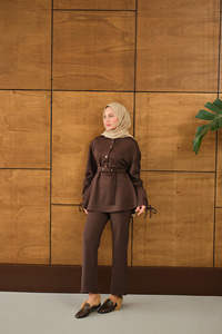 Düğme Detay İkili Takım Kahverengi