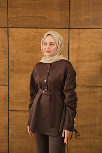 Düğme Detay İkili Takım Kahverengi