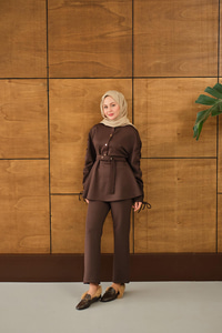 Düğme Detay İkili Takım Kahverengi