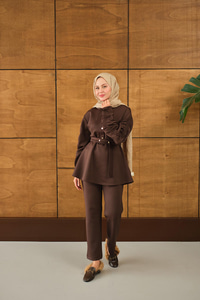 Düğme Detay İkili Takım Kahverengi