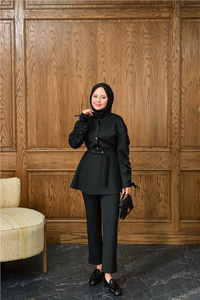 Düğme Detay İkili Takım Siyah