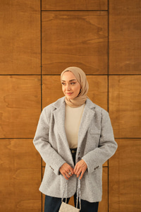 Düğme Detay Kırçıllı Ceket Gri