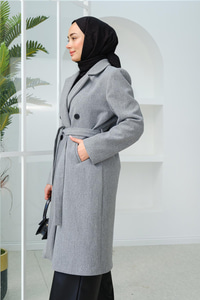 Düğme Detay Midi Boy Kaşe Kaban Gri