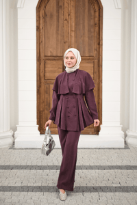 Düğme Detay Pelerinli Pantolonlu Takım Mürdüm