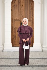 Düğme Detay Pelerinli Pantolonlu Takım Mürdüm