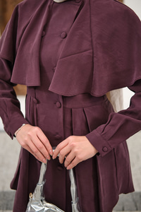 Düğme Detay Pelerinli Pantolonlu Takım Mürdüm