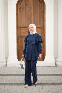 Düğme Detay Pelerinli Pantolonlu Takım Lacivert