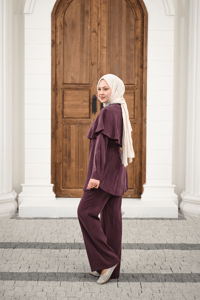 Düğme Detay Pelerinli Pantolonlu Takım Mürdüm