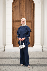 Düğme Detay Pelerinli Pantolonlu Takım Lacivert