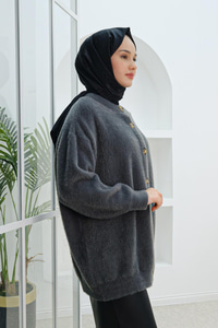 Düğme Detay Peluş Hırka Antrasit