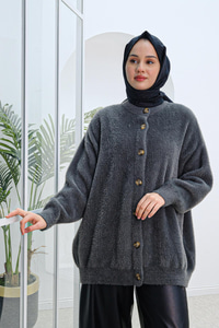 Düğme Detay Peluş Hırka Antrasit