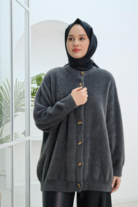 Düğme Detay Peluş Hırka Antrasit