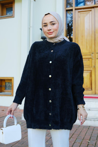 Düğme Detay Peluş Hırka Siyah