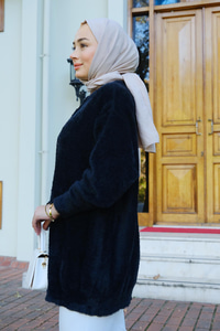 Düğme Detay Peluş Hırka Siyah