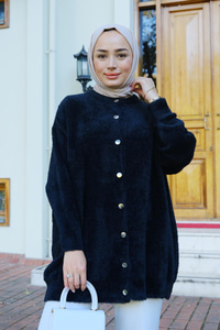 Düğme Detay Peluş Hırka Siyah