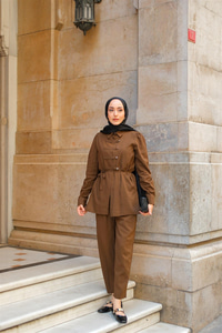 Düğme Detay Takım Kahverengi