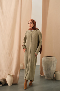 Düğme Detay Triko Elbise Açık Yeşil