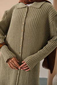 Düğme Detay Triko Elbise Açık Yeşil