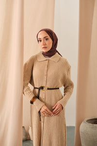 Düğme Detay Triko Elbise Bej