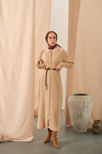 Düğme Detay Triko Elbise Bej