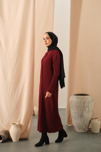 Düğme Detay Triko Elbise Bordo